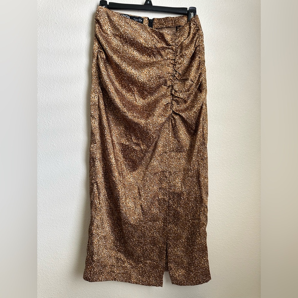 Zara Midi Skirt womens leopared brown hi rise ruched satin Effect size Small